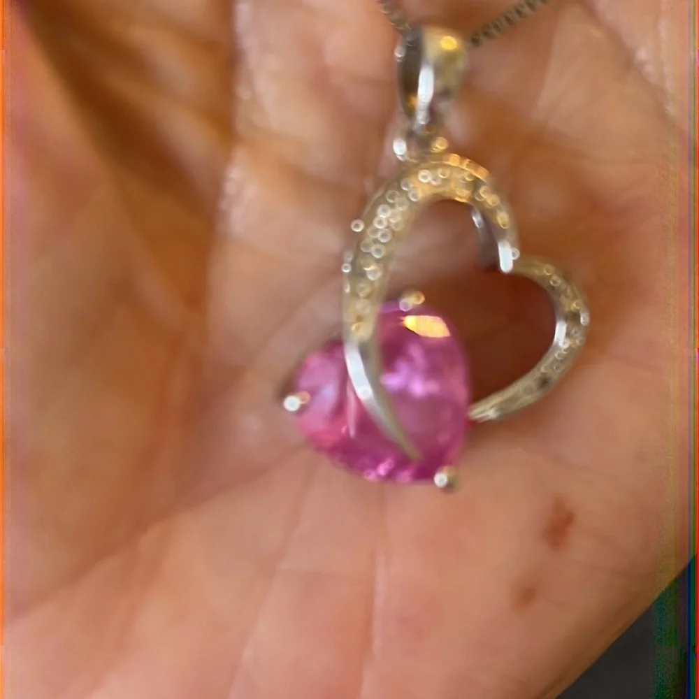 Pink and white sapphire heart-shaped necklace in .925 sterling silver. - Picture 2 of 7